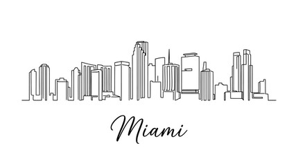 Naklejka premium Minimalist black and white cityscape sketch depicting Miami skyline with prominent high-rise buildings and iconic urban structures