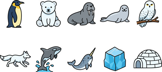 Arctic and antarctic polar animals cartoon vector icon set featuring penguin polar bear walrus seal snowy owl arctic fox orca narwhal ice cube and igloo  © MstMonjila