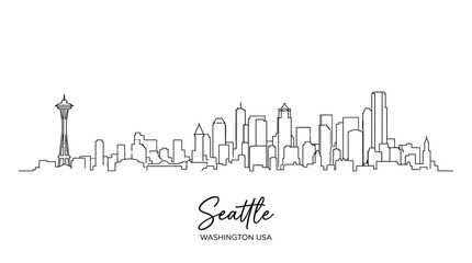 Fototapeta premium Minimalistic Line Art Illustration of Seattle Skyline Featuring Iconic Landmarks and Urban Landscape Elements