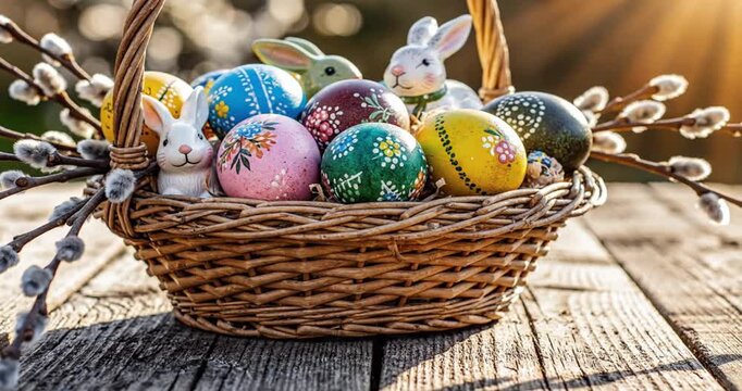 Wicker basket filled with colorful hand-painted decorative eggs and ceramic bunny figurines, rustic wooden table setting with pussy willow branches.