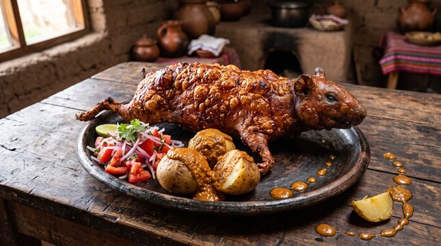 Traditional Ecuadorian Cuy Asado with Roasted Potatoes