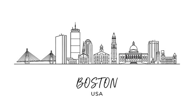 Minimalist line art illustration capturing the iconic skyline of Boston Massachusetts showcasing diverse architectural styles