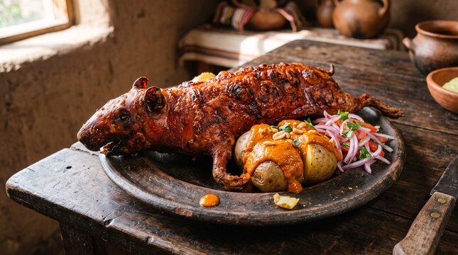 Traditional Ecuadorian Cuy Asado with Roasted Potatoes