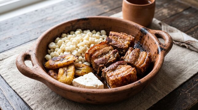 Traditional Ecuadorian Fritada Pork with Mote and Plantains