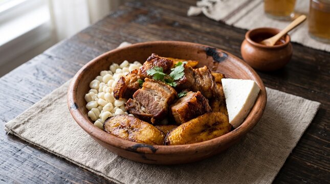 Traditional Ecuadorian Fritada Pork with Mote and Plantains