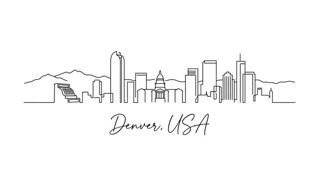 Minimalist black and white line drawing of the Denver skyline with mountains in the background and the city name in stylized