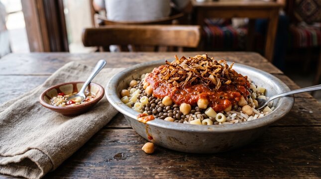 Traditional Egyptian Kushari in Metal Bowl