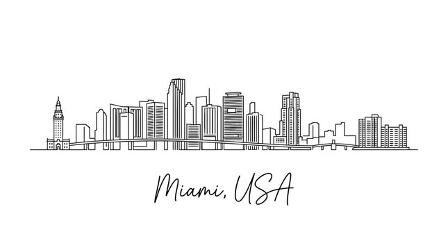 Elegant black and white skyline illustration of Miami USA showcasing iconic buildings and cityscape details