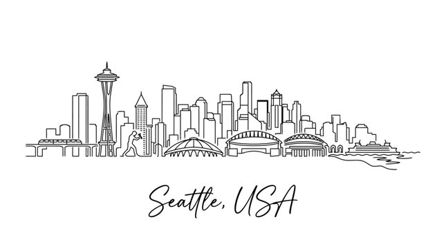 Minimalist Line Drawing of Seattle's City Skyline Featuring Iconic Landmarks and Waterfront Scene