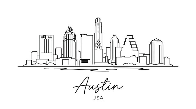 Modern minimalist skyline illustration of Austin Texas featuring iconic city skyscrapers and landmarks in a clean line art style