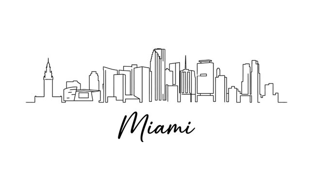 Stylized minimalist line art illustration of Miami's vibrant city skyline with iconic skyscrapers and the city name in elegant