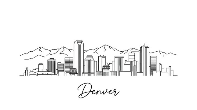 Minimalistic Line Drawing Illustration of Denver Skyline Against Mountain Range