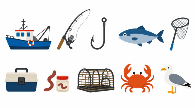 Colorful fishing icons and seafood illustrations.