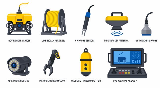 Collection of underwater robotics and marine survey equipment.