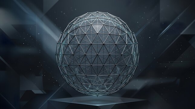 A futuristic metallic wireframe sphere on a dark background with geometric shapes