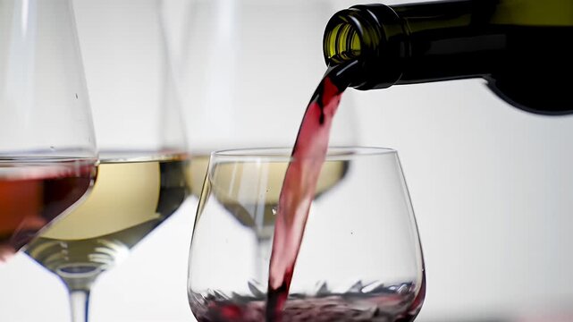 Red wine pouring into crystal glass on white background.
