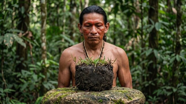 Hombre ind&iacute;gena observando bloque de tierra f&eacute;rtil en selva amaz&oacute;nica