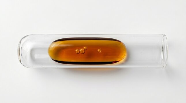 Tubo de ensayo de vidrio borosilicato en posici&oacute;n horizontal con gota de l&iacute;quido viscoso &aacute;mbar