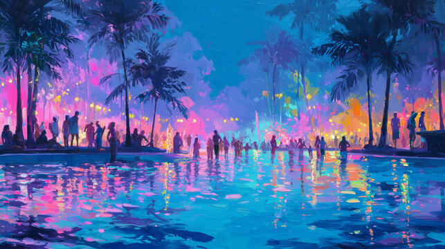 Oil painting illustration of people enjoying the night pool / ナイトプールで楽しむ人たちの油彩イラスト