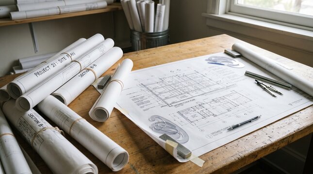 Architectural blueprints and tools on a wooden desk in a office