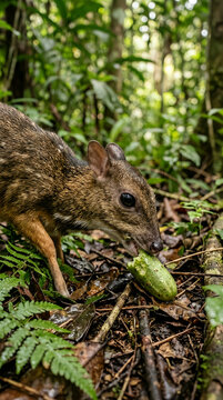 Close-Up Forest Mouse-Deer Eating Fruit on Rainforest Floor Wild Mammal Portrait