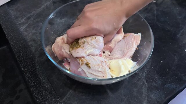 Preparing raw chicken pieces for marinating with spices