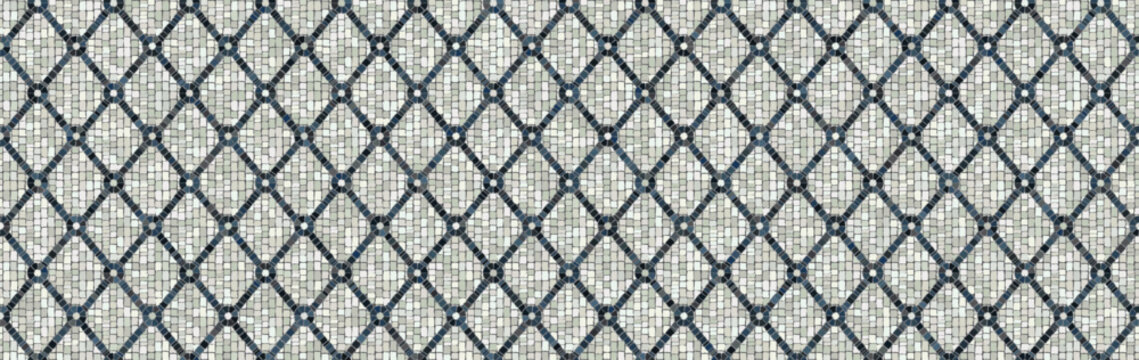 ncient roman mosaic floor tile banner. Seamless geometric mediterranean tessera stone pattern background for luxury antique interior architecture.