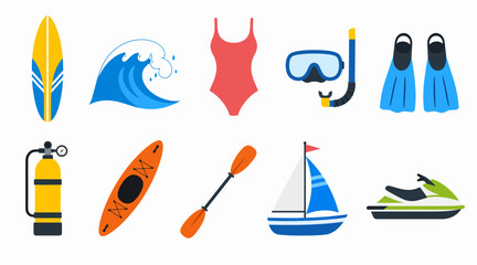 Colorful summer water sports and beach activity icons. © Adi
