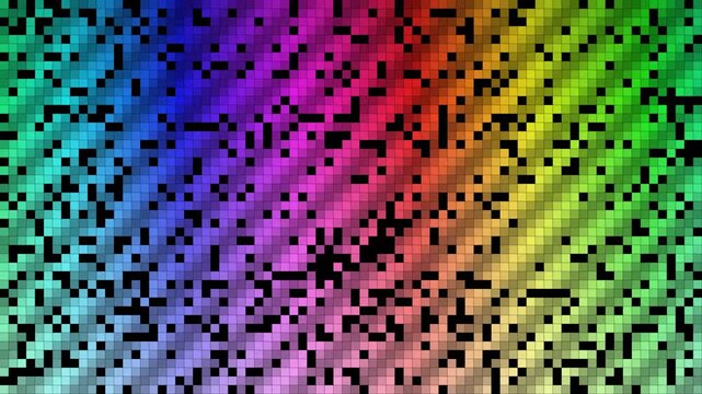 Pixel dissolve effect with rainbow colors and black background