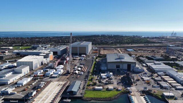Osborne, Adelaide, South Australia &ndash; 4K aerial drone footage of Port Adelaide River, Torrens Island, industrial waterfront, ASC Shipyard, maritime facilities and coastal wetlands.