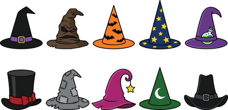 Halloween witch hats cartoon vector collection featuring sorting hat wizard caps with stars bats moon and magical sorcerer costume element icons

