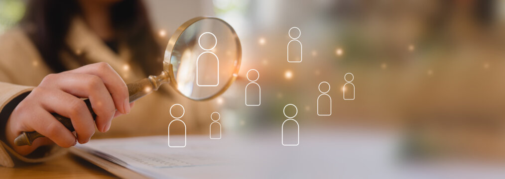 Young businesswoman holding magnifying glass Career managers looking for employees or candidates, HR recruiting, isometric managers looking at each businessman with a magnifying glass, banner style