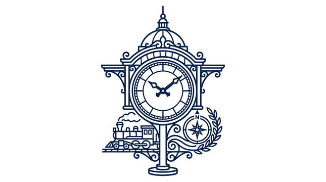 Vintage Train Station Clock with Steam Locomotive and Compass Rose
