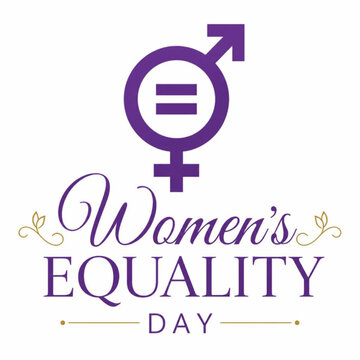 Women equality day purple text logo with gender symbol and equal sign for social media celebration post