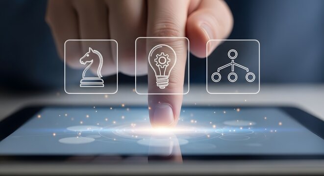 Person touching screen with virtual business strategy, innovation and structure icons on digital tablet