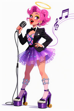 A glamorous singer with pink hair and a halo, wearing a sparkling purple dress and high heels with piano keys, passionately singing into a microphone with musical notes floating around.