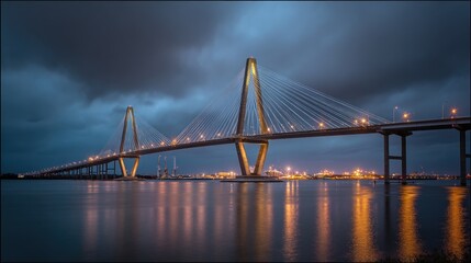 Fototapeta premium Suspension bridge over water at dusk