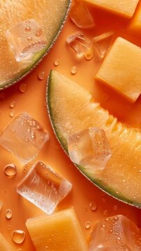Fresh melon slices with dripping juice close up on vibrant orange background