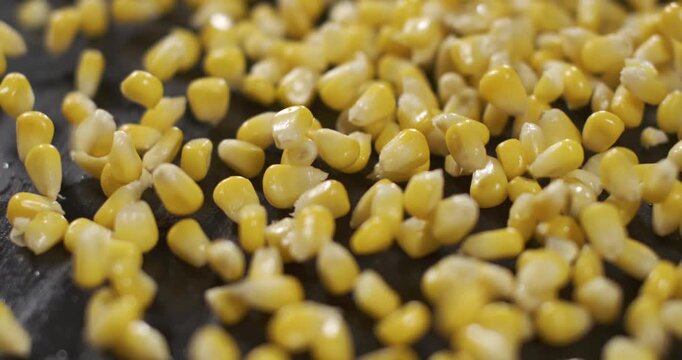 Slow motion capture of corn kernels falling on a black surface