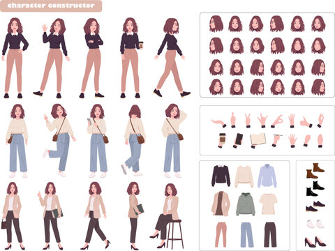 Female Character Creator Kit with Poses, Outfit Collection, Facial Expressions, Hand Gestures and Accessories Vector Set