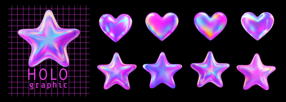 Holographic heart star y2k vector set. 3d puffy iridescent gradient element collection with neon purple liquid metallic finish on retro grid background.