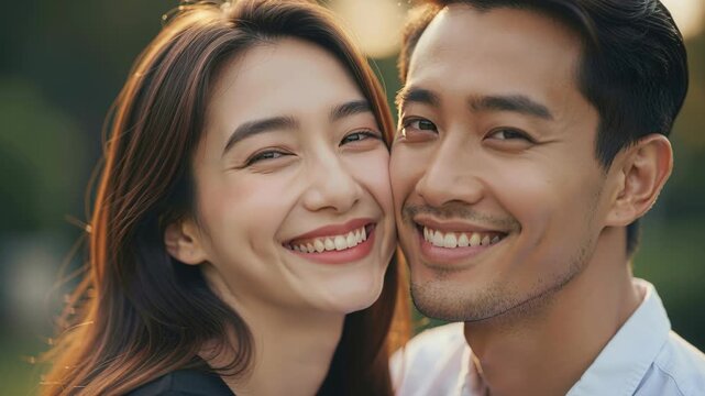 Radiant Couple's Embrace: A joyous couple shares a tender moment, their smiles radiant against a soft, sun-kissed backdrop. Their eyes sparkle with affection and happiness.