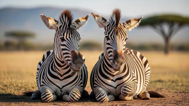 Companionship on the Savannah: Two zebras sit side by side on the African savanna, their distinctive stripes a striking contrast against the dry grassland and distant acacia trees under a clear sky.