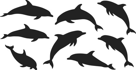 Naklejka premium Collection of eight black dolphin silhouettes in various dynamic swimming and leaping poses against a white background representing marine life and ocean exploration