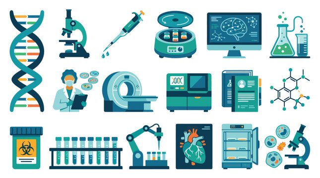 Medical Science Biotechnology Research Laboratory Flat Vector Icons Set with Lab Equipment  Health Concepts
