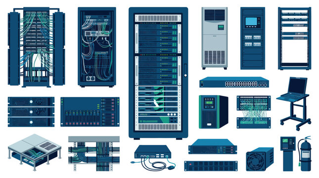 Information Technology Data Center Infrastructure Flat Vector Set: Servers, Racks, Network Equipment  Hardware