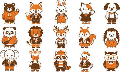 Obraz premium Cute cartoon animal characters dressed in clothing set collection