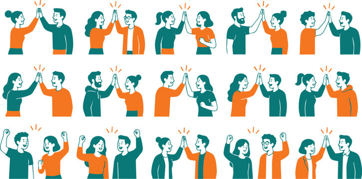 Diverse people giving high five flat vector illustration set