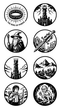 Fantasy Icons: Ring, Wizard, Sword, Tower, Mountains, Hobbit, Gollum
