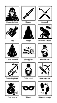 Fantasy RPG Icons: Rogue, Dagger, Lockpick, Poison, Grappling Hook, Bow